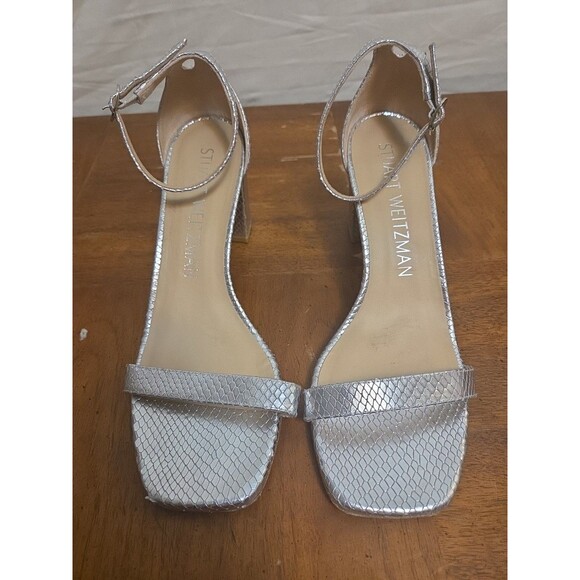 Stuart Weitzman Nudistcurve 75 Silver Block Heel Sandal Size 9.5 Shoes - Picture 2 of 12